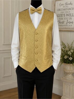 HI-TIE Men’s Medium Gold Brocade Print Suit Vest